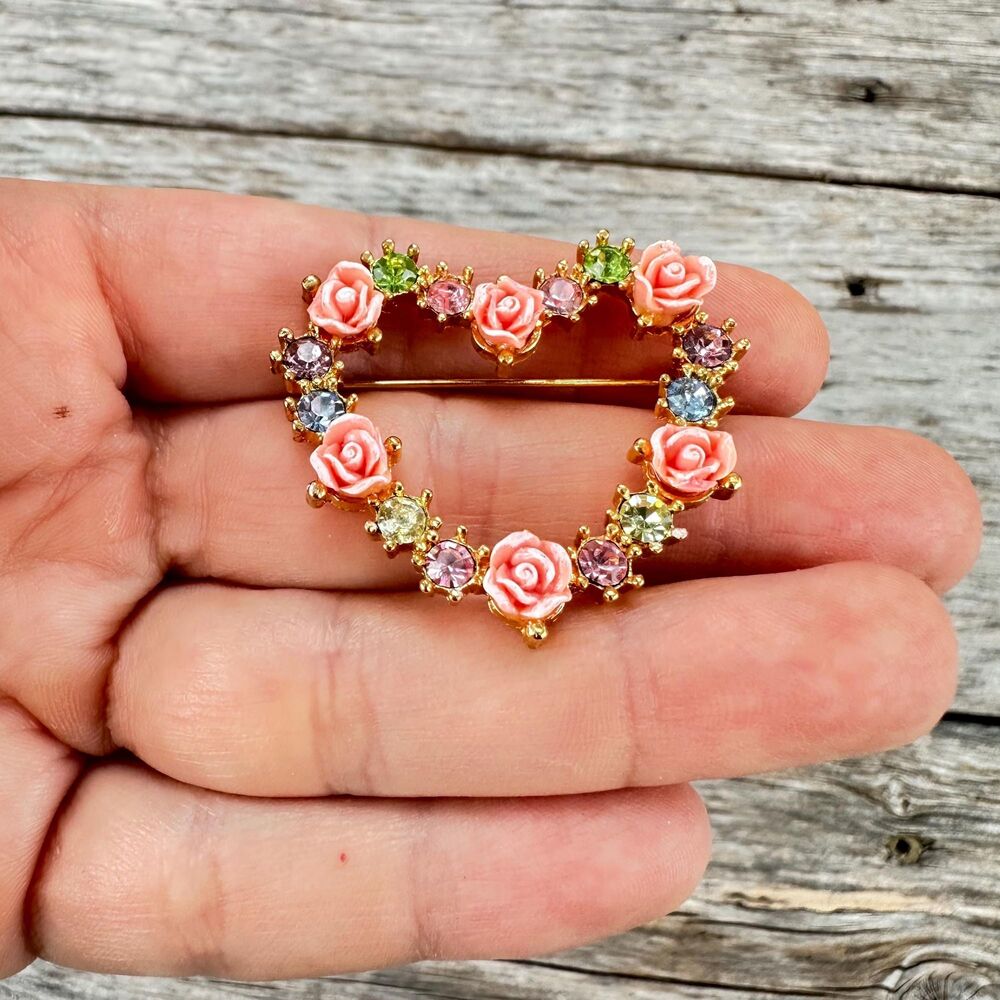 Vintage Avon Rose Heart Brooch Flower Heart Pin